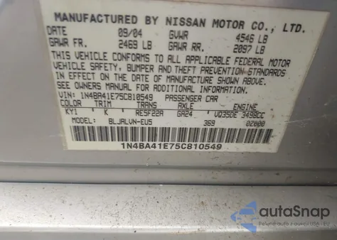 2005 Nissan Maxima 3.5 Sl z USA, uszkodzony, nr VIN 1N4BA41E75C810549